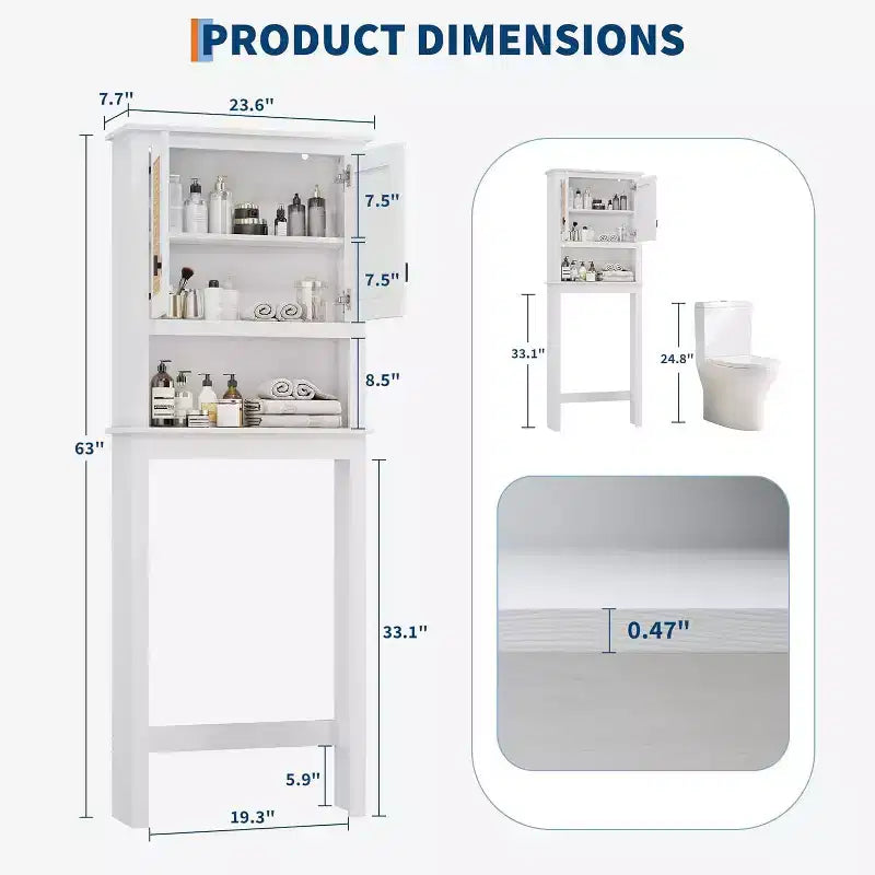 Meuble de rangement au-dessus des toilettes, organisateur de salle de bain de style ferme avec portes en rotin, étagère réglable, armoire de salle de bain blanche