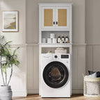 Meuble de rangement au-dessus des toilettes, organisateur de salle de bain de style ferme avec portes en rotin, étagère réglable, armoire de salle de bain blanche