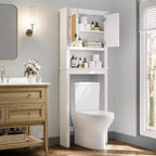 Meuble de rangement au-dessus des toilettes, organisateur de salle de bain de style ferme avec portes en rotin, étagère réglable, armoire de salle de bain blanche
