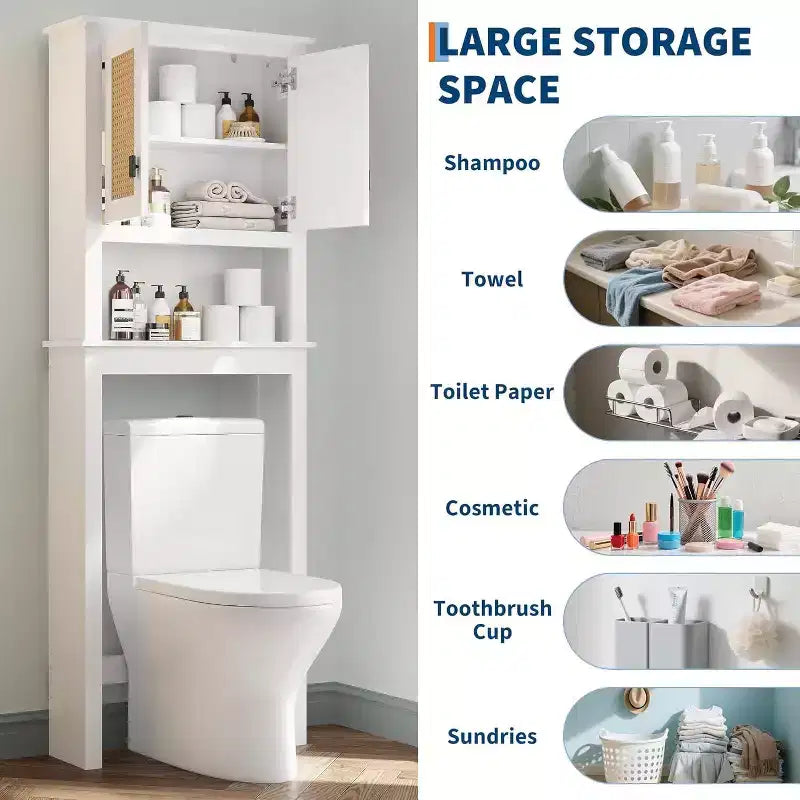 Meuble de rangement au-dessus des toilettes, organisateur de salle de bain de style ferme avec portes en rotin, étagère réglable, armoire de salle de bain blanche