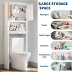 Meuble de rangement au-dessus des toilettes, organisateur de salle de bain de style ferme avec portes en rotin, étagère réglable, armoire de salle de bain blanche