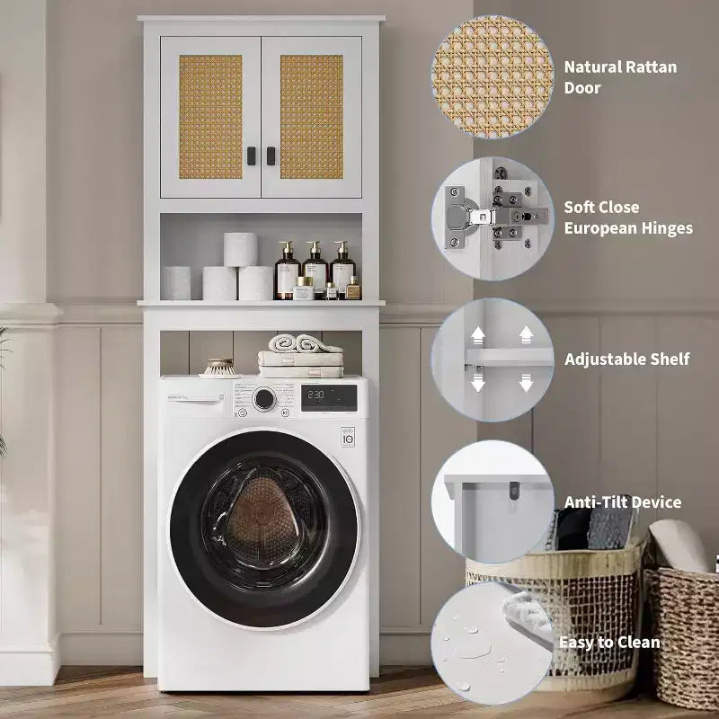 Meuble de rangement au-dessus des toilettes, organisateur de salle de bain de style ferme avec portes en rotin, étagère réglable, armoire de salle de bain blanche