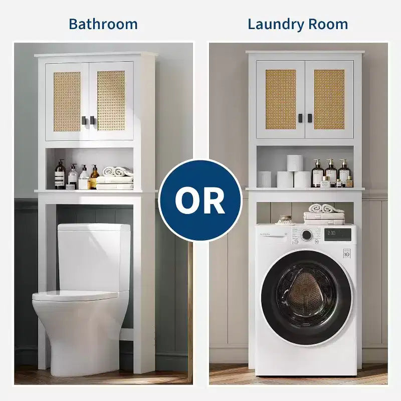 Meuble de rangement au-dessus des toilettes, organisateur de salle de bain de style ferme avec portes en rotin, étagère réglable, armoire de salle de bain blanche