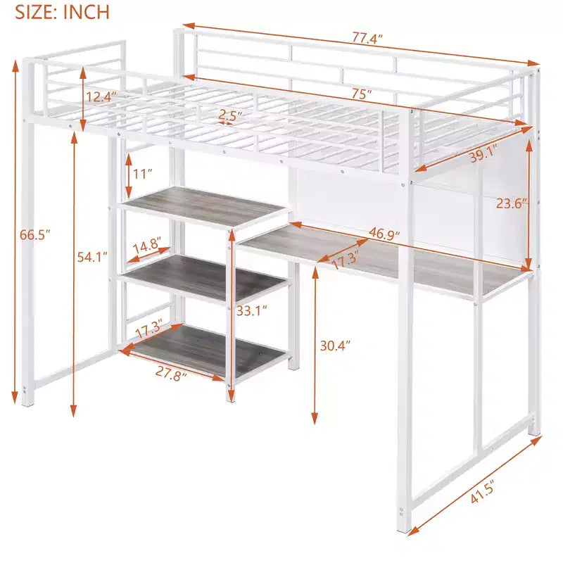 Lit mezzanine avec bureau et tableau blanc pour enfants garçons et filles, lit mezzanine en métal avec 3 étagères et échelle