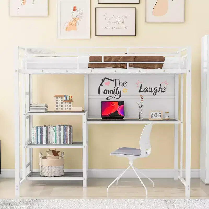 Lit mezzanine avec bureau et tableau blanc pour enfants garçons et filles, lit mezzanine en métal avec 3 étagères et échelle