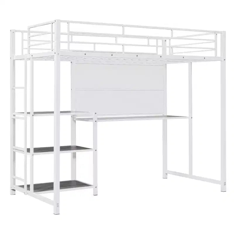 Lit mezzanine avec bureau et tableau blanc pour enfants garçons et filles, lit mezzanine en métal avec 3 étagères et échelle