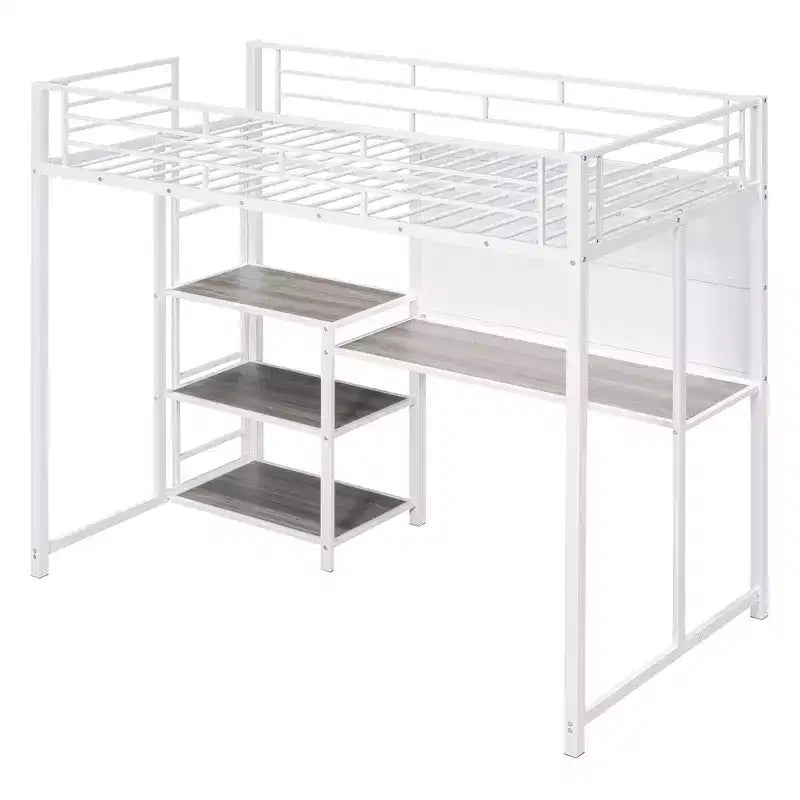 Lit mezzanine avec bureau et tableau blanc pour enfants garçons et filles, lit mezzanine en métal avec 3 étagères et échelle