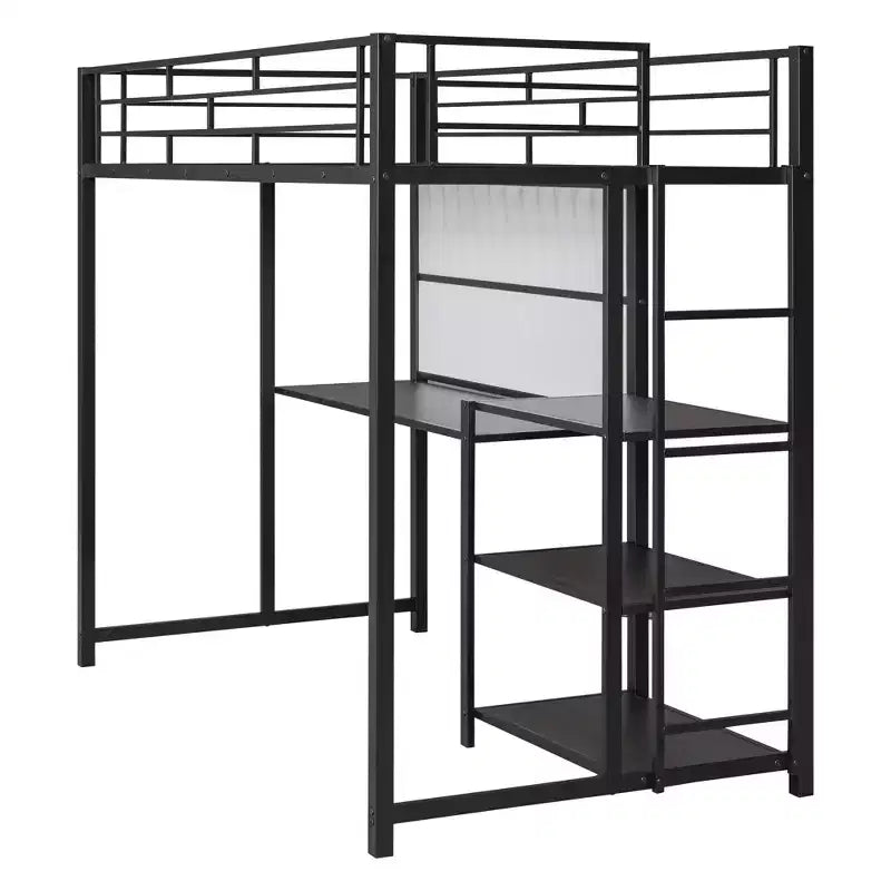 Lit mezzanine avec bureau et tableau blanc pour enfants garçons et filles, lit mezzanine en métal avec 3 étagères et échelle