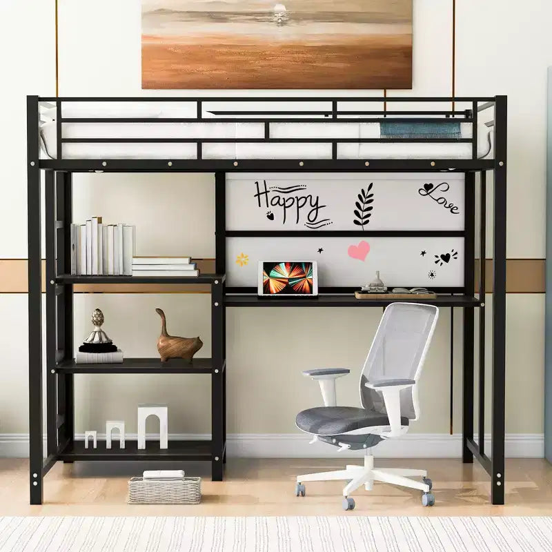 Lit mezzanine avec bureau et tableau blanc pour enfants garçons et filles, lit mezzanine en métal avec 3 étagères et échelle