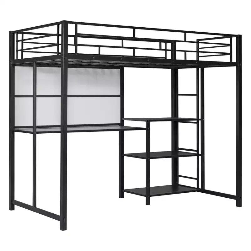 Lit mezzanine avec bureau et tableau blanc pour enfants garçons et filles, lit mezzanine en métal avec 3 étagères et échelle