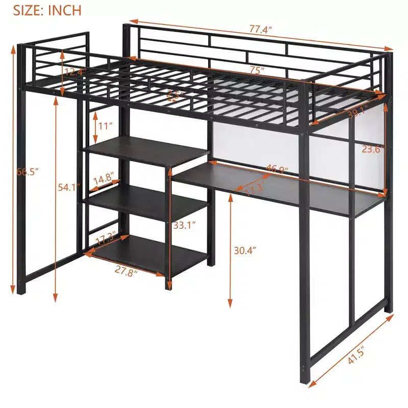 Lit mezzanine avec bureau et tableau blanc pour enfants garçons et filles, lit mezzanine en métal avec 3 étagères et échelle