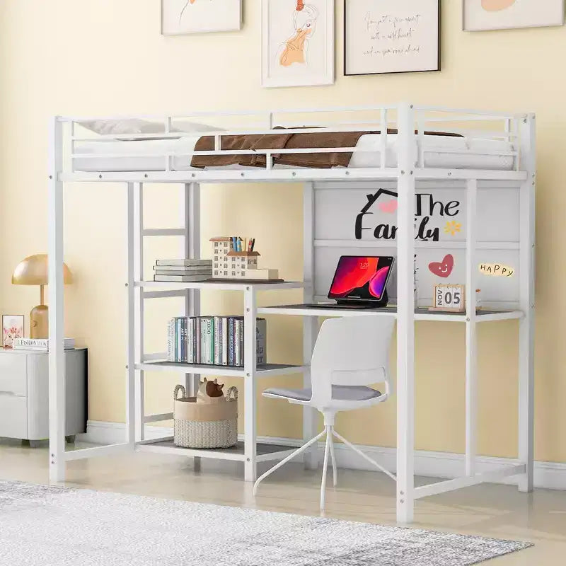 Lit mezzanine avec bureau et tableau blanc pour enfants garçons et filles, lit mezzanine en métal avec 3 étagères et échelle