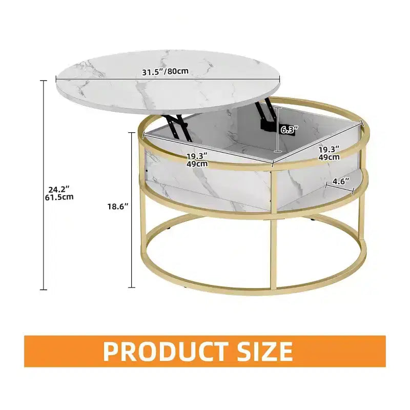 Tables basses pour salon, table basse ronde relevable avec rangement et compartiment caché, petite table basse ronde blanche