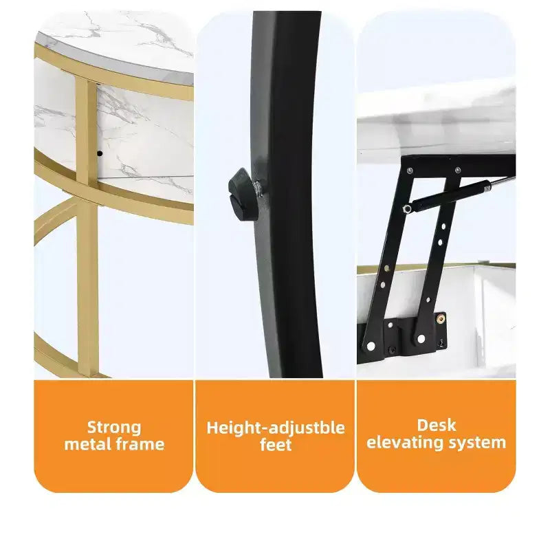 Tables basses pour salon, table basse ronde relevable avec rangement et compartiment caché, petite table basse ronde blanche