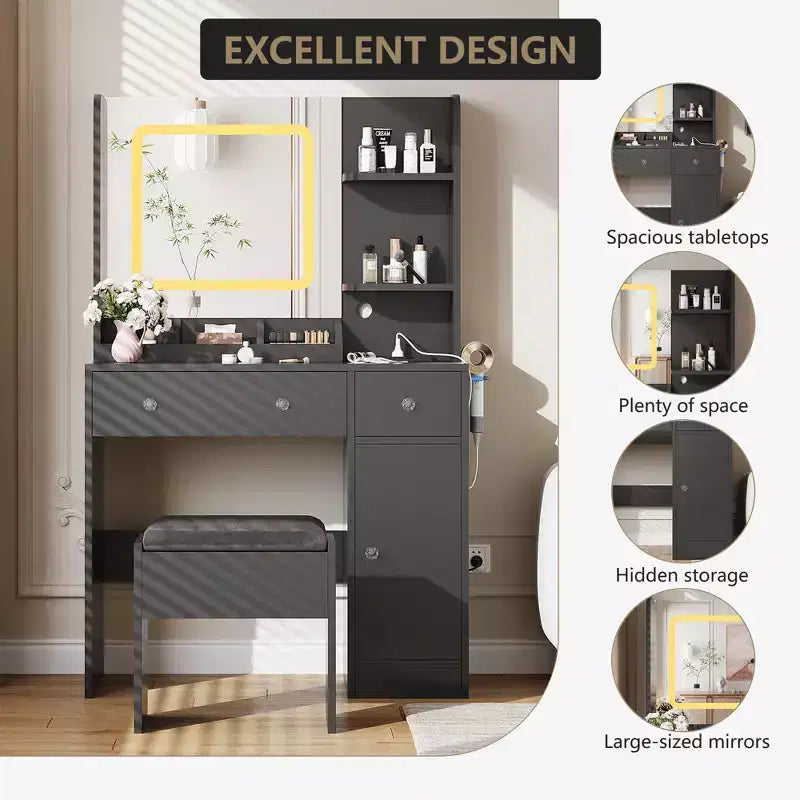 Coiffeuse avec miroir et tabouret, miroir couleur réglable, 3 tiroirs, 3 étagères ouvertes et meuble de rangement