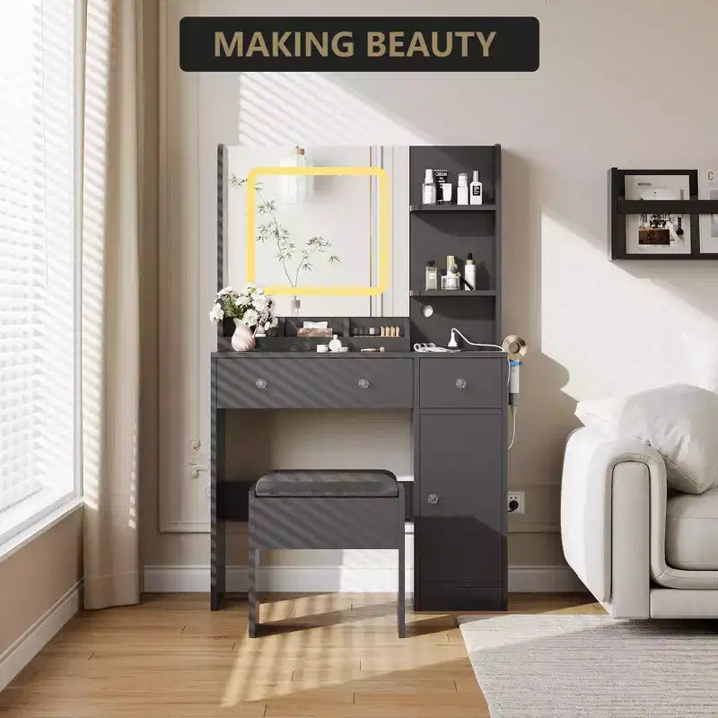 Coiffeuse avec miroir et tabouret, miroir couleur réglable, 3 tiroirs, 3 étagères ouvertes et meuble de rangement