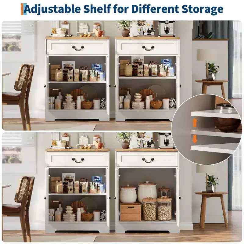 Bahut de ferme avec rangement, buffet blanc avec 4 portes et 2 tiroirs, meuble bar à café avec étagères réglables, rangement multifonctionnel