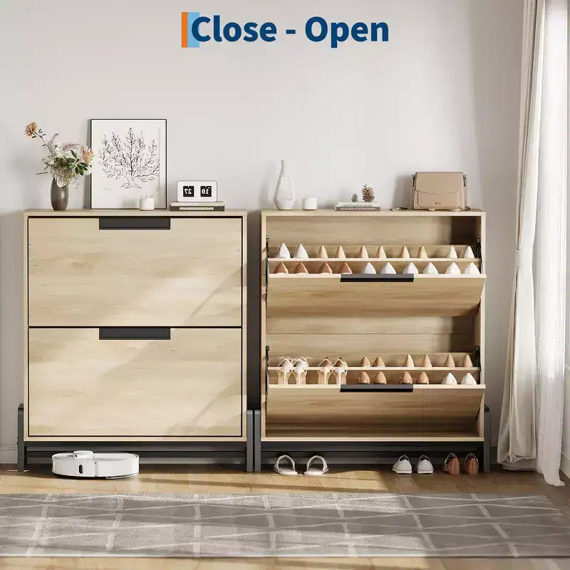 Meuble à chaussures avec 2 tiroirs basculants et pieds en métal, étagère à chaussures étroite autoportante, organisateur de rangement de chaussures en chêne peu encombrant pour l'entrée