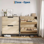 Meuble à chaussures avec 2 tiroirs basculants et pieds en métal, étagère à chaussures étroite autoportante, organisateur de rangement de chaussures en chêne peu encombrant pour l'entrée