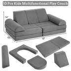 Canapé enfant, canapé de jeu modulaire 10 pièces pour enfants, canapé sectionnel convertible pour chambre d'enfant, salle de jeux, canapé en mousse souple pour tout-petit avec fosse à balles, gris