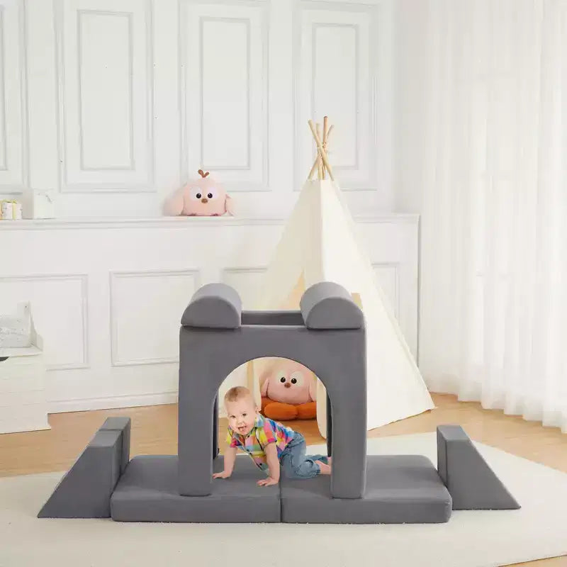 Canapé enfant, canapé de jeu modulaire 10 pièces pour enfants, canapé sectionnel convertible pour chambre d'enfant, salle de jeux, canapé en mousse souple pour tout-petit avec fosse à balles, gris