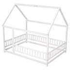 Lit de plancher pleine grandeur pour enfants avec un joli toit, lit de jeu robuste en bois avec barrières de sécurité, blanc