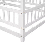 Lit de plancher pleine grandeur pour enfants avec un joli toit, lit de jeu robuste en bois avec barrières de sécurité, blanc