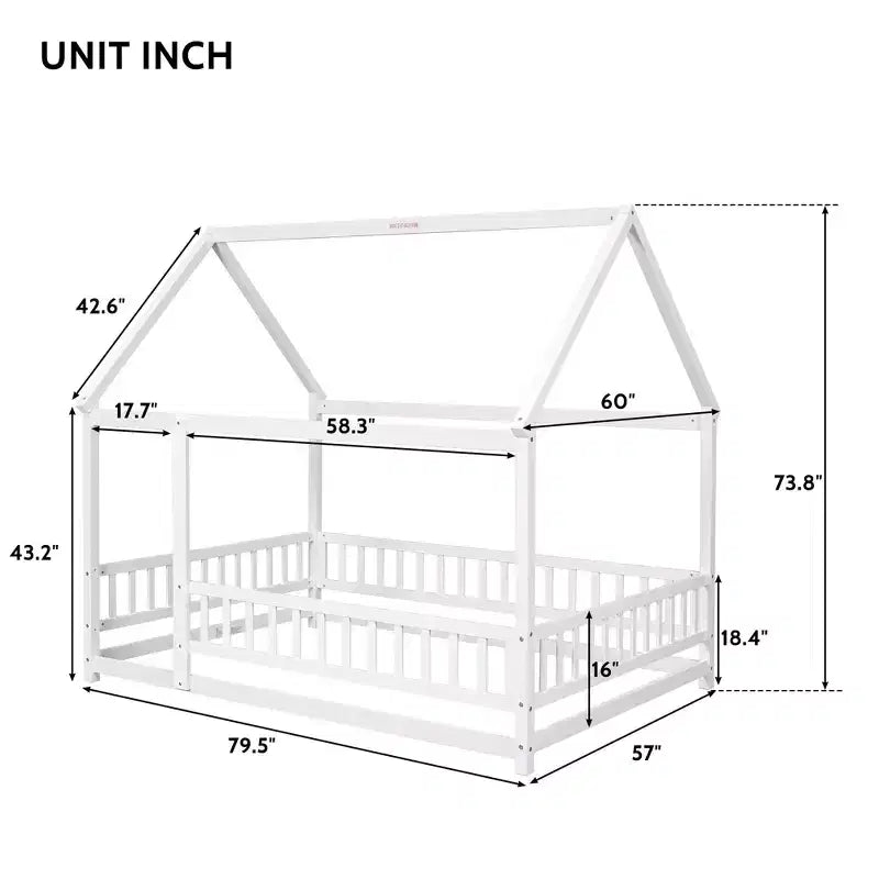 Lit de plancher pleine grandeur pour enfants avec un joli toit, lit de jeu robuste en bois avec barrières de sécurité, blanc