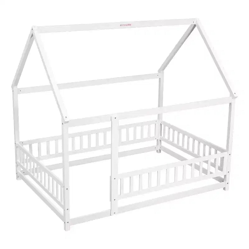Lit de plancher pleine grandeur pour enfants avec un joli toit, lit de jeu robuste en bois avec barrières de sécurité, blanc