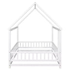 Lit de plancher pleine grandeur pour enfants avec un joli toit, lit de jeu robuste en bois avec barrières de sécurité, blanc