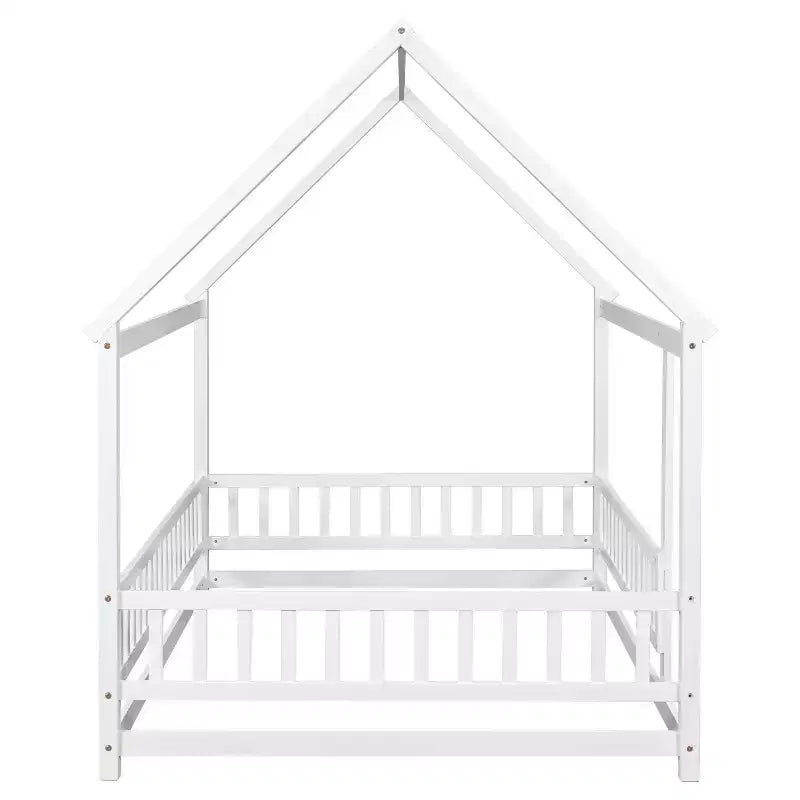Lit de plancher pleine grandeur pour enfants avec un joli toit, lit de jeu robuste en bois avec barrières de sécurité, blanc