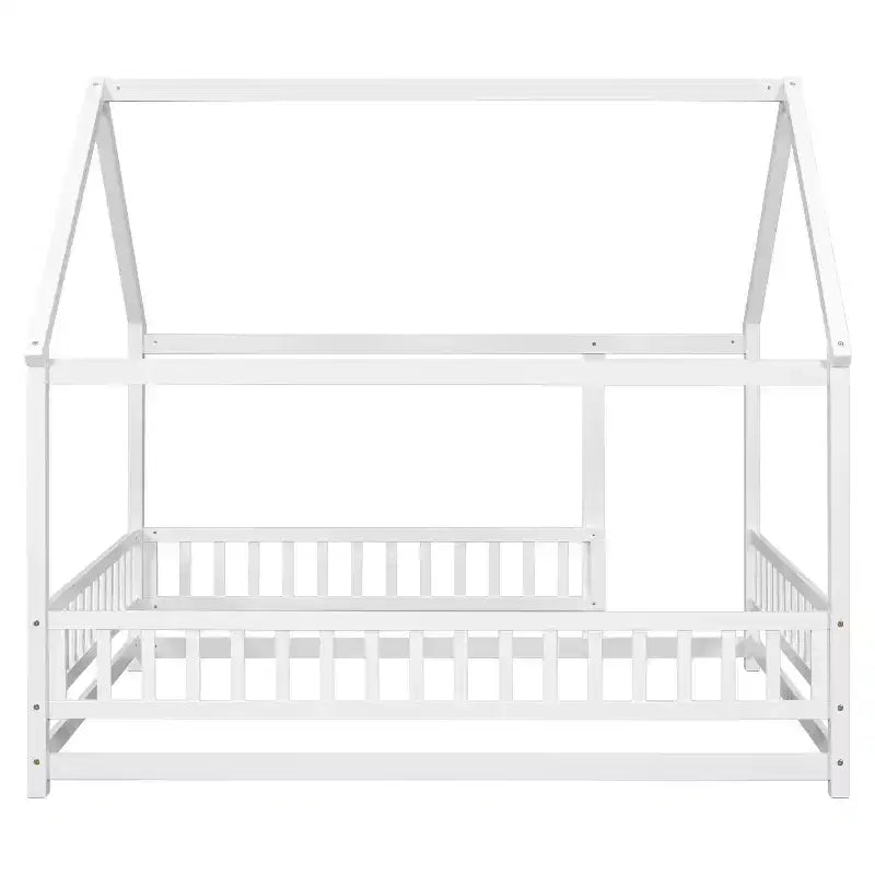 Lit de plancher pleine grandeur pour enfants avec un joli toit, lit de jeu robuste en bois avec barrières de sécurité, blanc