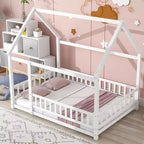 Lit de plancher pleine grandeur pour enfants avec un joli toit, lit de jeu robuste en bois avec barrières de sécurité, blanc