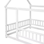 Lit de plancher pleine grandeur pour enfants avec un joli toit, lit de jeu robuste en bois avec barrières de sécurité, blanc