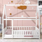 Lit de plancher pleine grandeur pour enfants avec un joli toit, lit de jeu robuste en bois avec barrières de sécurité, blanc