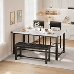 Table de salle à manger de ferme, blanc marbre, table rectangulaire avec chaises rembourrées et banc, gain de place, pour appartement/salle à manger