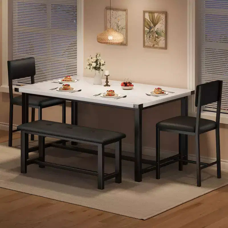 Table de salle à manger de ferme, blanc marbre, table rectangulaire avec chaises rembourrées et banc, gain de place, pour appartement/salle à manger