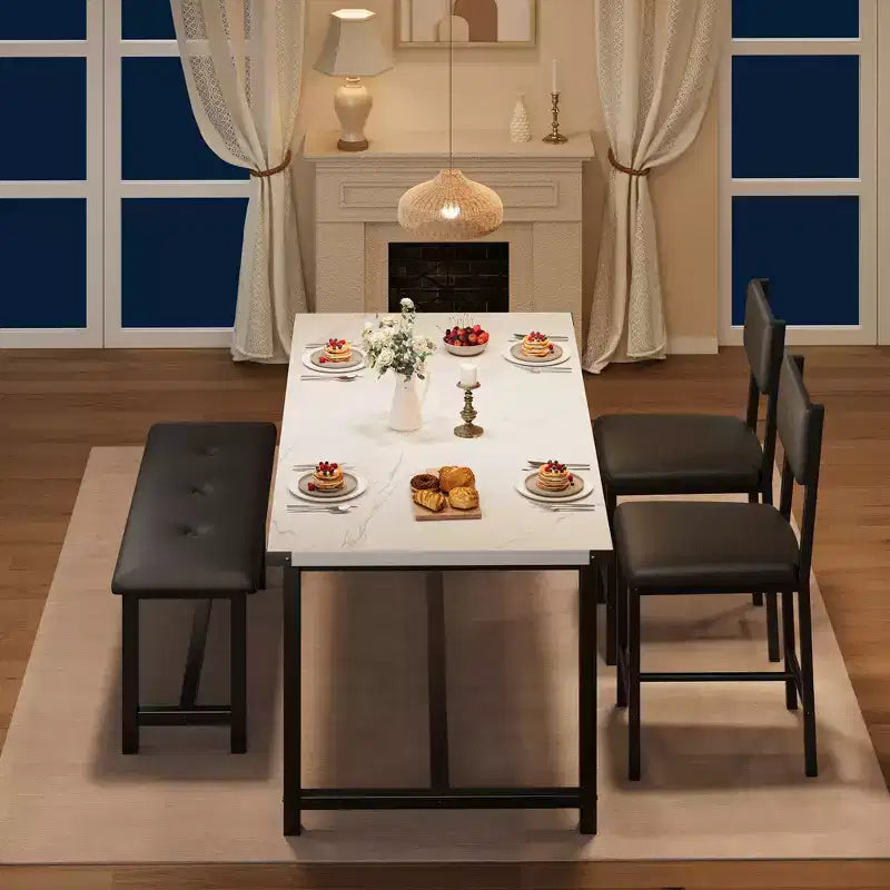 Table de salle à manger de ferme, blanc marbre, table rectangulaire avec chaises rembourrées et banc, gain de place, pour appartement/salle à manger