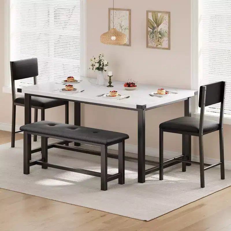 Table de salle à manger de ferme, blanc marbre, table rectangulaire avec chaises rembourrées et banc, gain de place, pour appartement/salle à manger