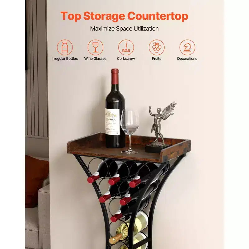 Range-bouteilles de 15 bouteilles, support à vin autoportant en fer, mini-bar de service avec plateau en bois, noir et marron