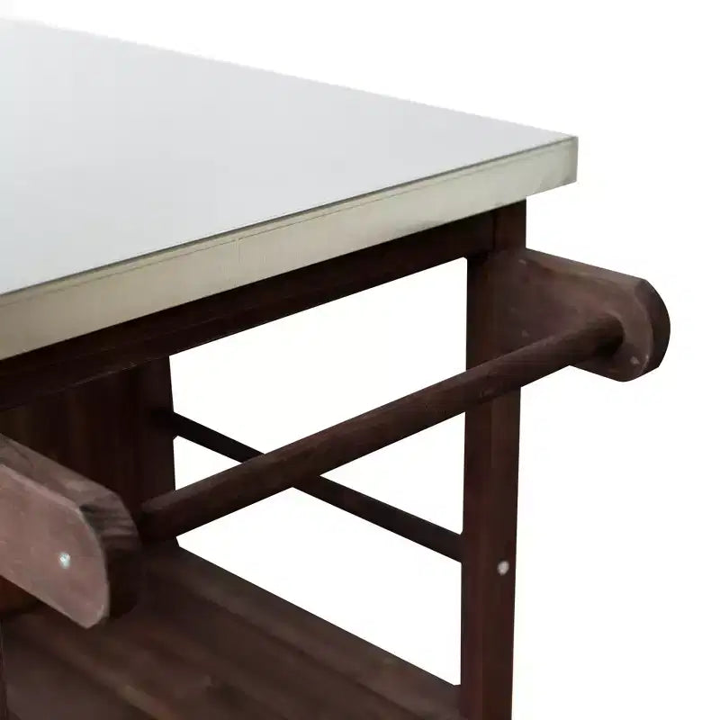 Îlot de cuisine d'extérieur en bois de sapin avec rangement, desserte de cuisine roulante verrouillable avec plateau en acier inoxydable, porte-serviettes et porte-épices pour patio/cuisine