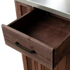 Îlot de cuisine d'extérieur en bois de sapin avec rangement, desserte de cuisine roulante verrouillable avec plateau en acier inoxydable, porte-serviettes et porte-épices pour patio/cuisine