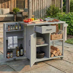Îlot de cuisine d'extérieur en bois de sapin avec rangement, desserte de cuisine roulante verrouillable avec plateau en acier inoxydable, porte-serviettes et porte-épices pour patio/cuisine