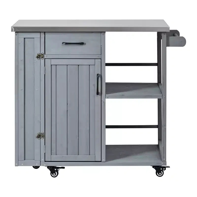 Îlot de cuisine d'extérieur en bois de sapin avec rangement, desserte de cuisine roulante verrouillable avec plateau en acier inoxydable, porte-serviettes et porte-épices pour patio/cuisine
