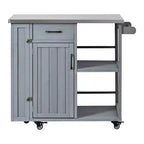 Îlot de cuisine d'extérieur en bois de sapin avec rangement, desserte de cuisine roulante verrouillable avec plateau en acier inoxydable, porte-serviettes et porte-épices pour patio/cuisine