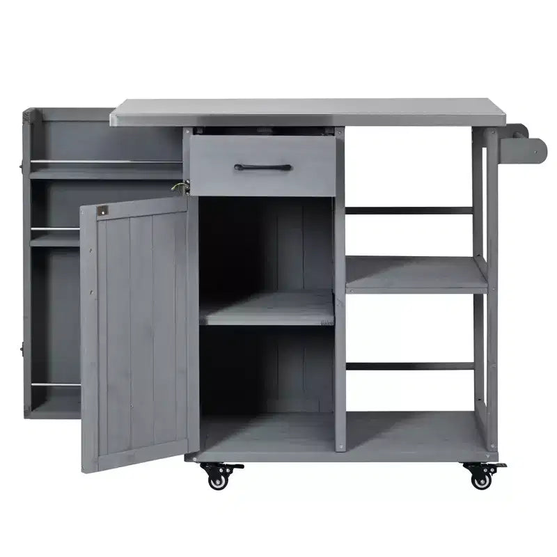 Îlot de cuisine d'extérieur en bois de sapin avec rangement, desserte de cuisine roulante verrouillable avec plateau en acier inoxydable, porte-serviettes et porte-épices pour patio/cuisine