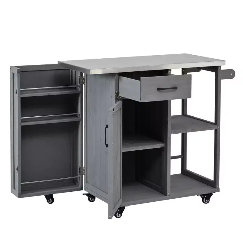 Îlot de cuisine d'extérieur en bois de sapin avec rangement, desserte de cuisine roulante verrouillable avec plateau en acier inoxydable, porte-serviettes et porte-épices pour patio/cuisine