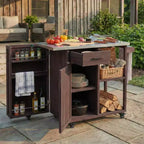 Îlot de cuisine d'extérieur en bois de sapin avec rangement, desserte de cuisine roulante verrouillable avec plateau en acier inoxydable, porte-serviettes et porte-épices pour patio/cuisine
