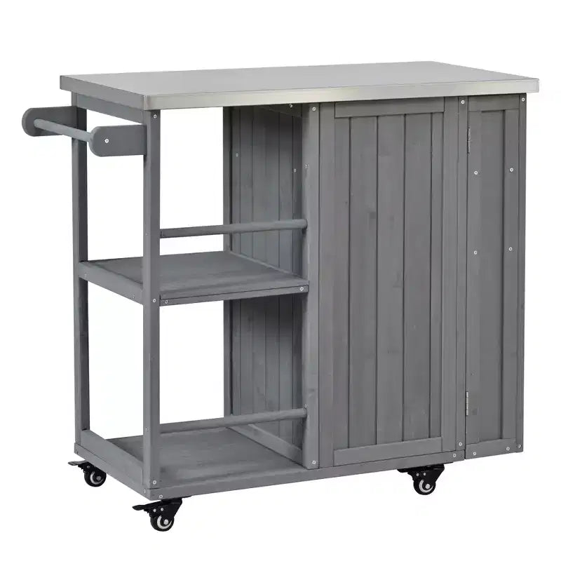 Îlot de cuisine d'extérieur en bois de sapin avec rangement, desserte de cuisine roulante verrouillable avec plateau en acier inoxydable, porte-serviettes et porte-épices pour patio/cuisine