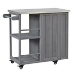 Îlot de cuisine d'extérieur en bois de sapin avec rangement, desserte de cuisine roulante verrouillable avec plateau en acier inoxydable, porte-serviettes et porte-épices pour patio/cuisine